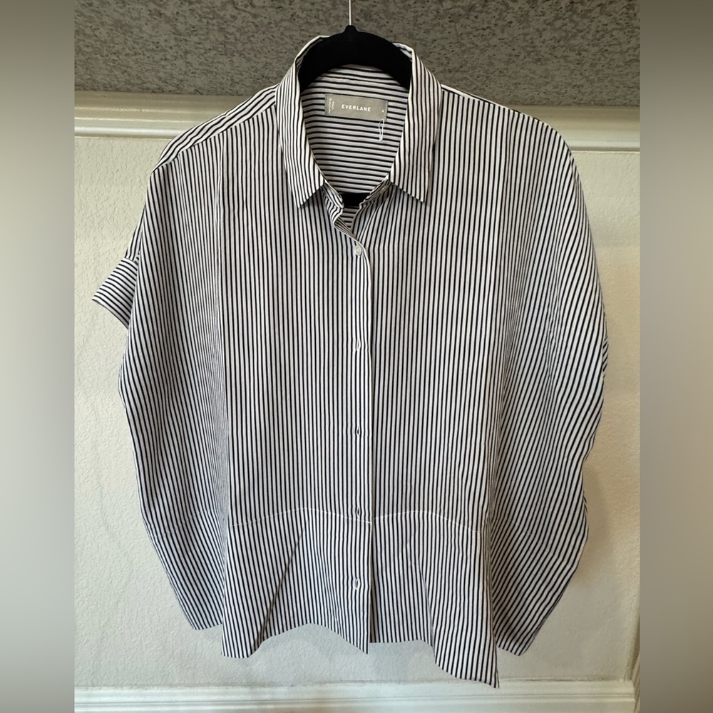 NWOT Everlane the Boxy Shirt in Washable Silk Black and White Microstripe